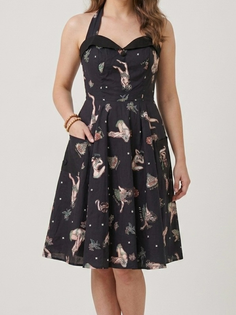 Hell Bunny Lucinda Rip Tide Halter Swing Dress Rockabilly Pinup Black Pockets M